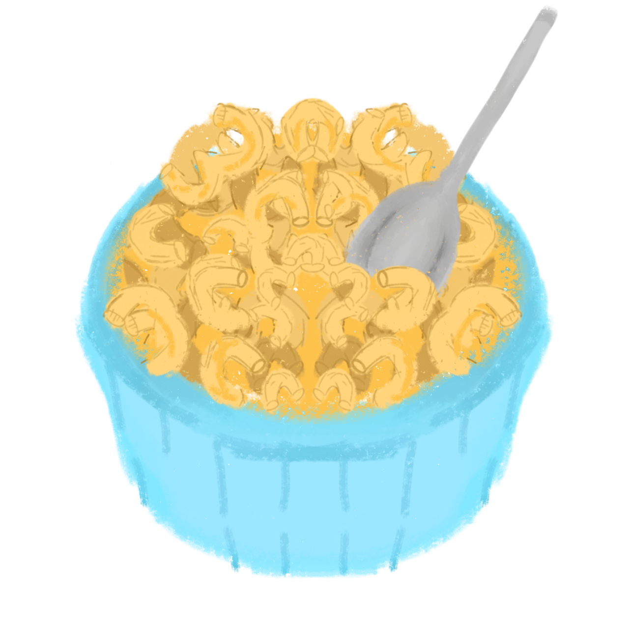  a blue bowl that's filled with yellow Mac and cheese, there's a silver spoon going into the bowl, it has a fun crayon texture.